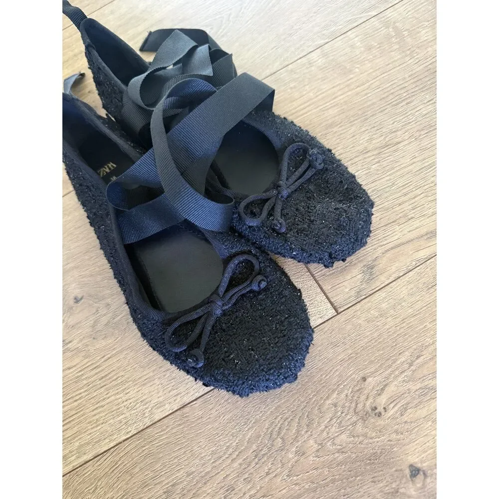 ZARA 36 nwot womens black ballet flat slipper lace ankle tie shoe tweed ribbon